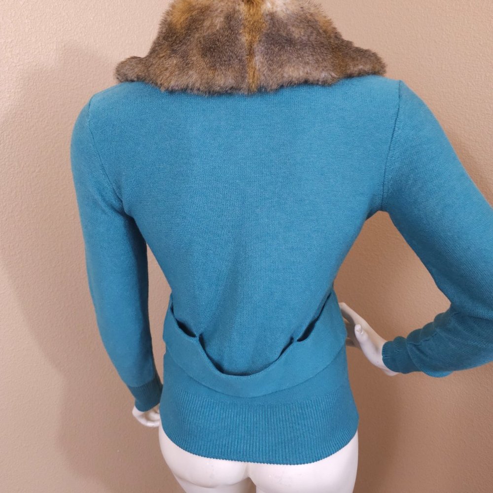 Cabi #3018 Teal Tearoom Cardigan With Removable Faux Fur~Size Xs View 6